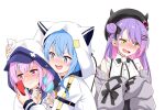  +_+ 3girls @_@ aqua_hair aqua_nails beret blue_eyes blue_hair blush braid breasts cellphone crossed_arms crying fake_horns fangs felutiahime green_eyes hair_bun hair_ribbon hat hat_under_hood highres hololive hood horned_headwear horns hoshimachi_suisei jacket medium_breasts minato_aqua multicolored_hair multiple_girls off_shoulder phone pink_eyes pink_hair purple_hair ribbon single_side_bun sleeves_past_fingers sleeves_past_wrists smartphone streaming_tears suspenders sweatdrop tears tokoyami_towa twin_braids two-tone_hair virtual_youtuber white_jacket 