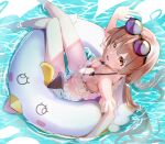  1girl :d bangs bare_shoulders bikini blue_archive blush breasts collarbone eyewear_on_head feet frilled_bikini frills from_above hair_between_eyes halo hifumi_(blue_archive) hifumi_(swimsuit)_(blue_archive) highres innertube long_hair looking_at_viewer low_twintails nanashi_(74_nanashi) ocean open_mouth partially_submerged ripples small_breasts smile solo sunglasses swimsuit thighs twintails very_long_hair water wet white_bikini yellow_eyes 
