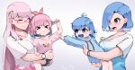  &gt;_&lt; 4girls aged_down ahoge airani_iofifteen bangs between_breasts blue_eyes blue_hair blue_hoodie blue_shirt blue_shorts blush bracelet breasts carrying child child_carry cleavage closed_eyes clothes_pull drawstring earrings eyes_visible_through_hair fian_f.n glasses gradient_hair gradient_shirt hairband hololive hololive_indonesia hood hoodie jewelry kobo_kanaeru large_breasts long_hair mother_and_daughter multicolored_hair multiple_girls necklace nose_blush pacifier paint_on_clothes paint_splatter paint_splatter_on_face palette_hair_ornament pink-framed_eyewear pink_hair pink_shirt semi-rimless_eyewear shirt shirt_pull short_hair short_shorts shorts t-shirt under-rim_eyewear very_long_hair virtual_youtuber watch white_hair white_shirt wristwatch 