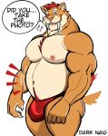  2022 absurd_res anthro artist_name barazoku belly biceps big_belly big_bulge big_muscles breath bulge claws clothed clothing darknaigart dialogue ear_piercing ear_ring emanata english_text eyebrows fangs felid fur hair hi_res huge_muscles looking_at_viewer machairodontine male mammal motion_lines musclegut muscular muscular_anthro muscular_male narrowed_eyes navel nipples open_mouth open_smile panting pecs piercing ring_piercing sabertooth_(anatomy) simple_background smile solo standing talking_to_viewer teeth text thick_thighs thong tongue topless topless_anthro topless_male tuft underwear white_background 