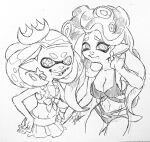  2girls :d alternate_costume bikini bikini_skirt breasts cephalopod_eyes cleavage closed_mouth collarbone cross-shaped_pupils earrings flat_chest furrowed_brow hand_on_another&#039;s_arm hand_up horizontal_pupils isamu-ki_(yuuki) jewelry large_breasts long_hair looking_at_viewer marina_(splatoon) medium_hair mole mole_under_mouth monochrome multiple_girls navel octarian pearl_(splatoon) pointy_ears simple_background smile splatoon_(series) suction_cups swimsuit teeth tentacle_hair traditional_media v-shaped_eyebrows white_background 