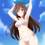  1girl absurdres armpits arms_up ball beachball bikini blue_sky blush breasts brown_hair cloud cowboy_shot felutiahime frown groin highres long_hair medium_breasts navel original red_eyes side-tie_bikini_bottom sky solo swimsuit white_bikini 