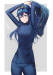  1girl ameno_(a_meno0) arms_up bangs blue_eyes blue_hair blue_pants blue_sweater blush closed_mouth fingernails fire_emblem fire_emblem_awakening hair_between_eyes highres lips long_hair long_sleeves looking_at_viewer lucina_(fire_emblem) pants pink_lips ribbed_sweater smile solo sweater tiara turtleneck turtleneck_sweater undressing 