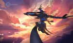  1other choco_(chocolate_shop) cloud cloudy_sky dragon fairy_knight_lancelot_(fate) fate/grand_order fate_(series) flying glowing no_humans sky sunlight sunset wings yellow_eyes 