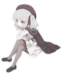  1girl belt beret black_cape black_footwear cape character_name closed_mouth copyright_request gloves grey_hair grey_pantyhose hat highres long_sleeves military military_uniform pantyhose purple_eyes shirt shoes simple_background sincos sitting skirt solo twintails uniform white_background white_gloves white_shirt white_skirt 