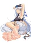  1girl absurdres arm_up armpits ass barefoot black_shirt blue_eyes bracelet breasts chinese_commentary commentary_request eiyuu_densetsu eyelashes feet foreshortening grey_hair head_tilt highres jewelry kuro_no_kiseki large_breasts legs_together long_hair looking_at_viewer lying on_side pants shirt shizuna_rem_misurugi simple_background sleeveless sleeveless_shirt soles solo toes torn_clothes torn_pants white_background xo_(xo17800108) 