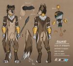  animal_genitalia anthro balls canid canine canis clothing erection fur genitals gold_(metal) gold_jewelry hair jewelry male mammal melee_weapon nude penis piercing polearm qew123 samir_(qew123) sheath solo spear tan_body tan_fur weapon wolf 