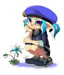  1girl beret black_shorts blue_eyes blue_footwear blue_hair blue_headwear blue_hoodie collared_shirt drawstring fang flower grin hand_up hat highres hood hood_down hoodie isamu-ki_(yuuki) light_blue_hair long_hair octarian octoling octoling_girl ponytail shirt shoelaces shoes shorts simple_background smile solo splatoon_(series) squatting striped striped_shirt suction_cups white_background 