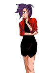  1_eye clothing comedy_central cosplay cyclops female futurama hair hi_res jacket lipstick makeup misato_katsuragi neon_genesis_evangelion purple_hair red_clothing red_jacket red_topwear simple_background solo topwear turanga_leela white_background 