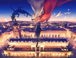  1boy axis_powers_hetalia black_gloves blue_suit breathing_fire building clock clock_tower dragon falling fire floating_hair formal gloves grin half_moon landscape legs_up lights male_focus moon night night_sky people poland poland_(hetalia) polish_flag road rooftop scenery sky smile street suit tower town tree vvvrsi3636 western_dragon wide_shot 