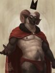  2022 abs anthro barazoku beckoning bell biceps big_muscles body_hair bovid bulge cape caprine claws clothed clothing crown cult_of_the_lamb dated eyebrows fur gesture grey_background happy_trail hi_res horn lamb_(cult_of_the_lamb) looking_at_viewer lupusartz male mammal muscular muscular_anthro muscular_male navel nipples obliques pecs pubes red_crown_(cult_of_the_lamb) sheep simple_background solo standing teeth topless topless_anthro topless_male tuft underwear video_games watermark wool_(fur) 