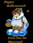  2017 accessory anthro big_breasts black_background blizzard_entertainment blue_eyes breasts brown_hair clothed clothing cosplay danellz day_of_the_dead digital_media_(artwork) english_text eyewear felid female food fruit glasses group hair hair_accessory hairpin halloween holidays huge_breasts jack-o&#039;-lantern kathy_(danellz) lion mammal mei_(overwatch) mother mother_and_child open_mouth overwatch pantherine parent parent_and_child plant pumpkin simple_background snowball_(overwatch) spanish_text text video_games 
