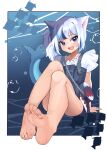  1girl absurdres animal_ears bangs bare_legs barefoot blue_eyes blue_hair blunt_bangs blush border bubble cat_ears cat_girl commentary_request feet fish fish_tail frilled_sleeves frills gawr_gura grey_hair highres hololive hololive_english legs legs_together long_hair looking_at_viewer multicolored_hair official_alternate_costume open_mouth qwas69 shadow shark_girl shark_tail shiny shiny_hair shirt short_sleeves side_ponytail sidelocks sitting soles solo streaked_hair tail teeth toes underwater upper_teeth virtual_youtuber white_border white_shirt 