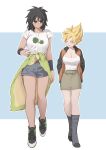  2girls :d aqua_eyes black_hair blonde_hair boots bracer breasts broccoli broly_(dragon_ball_super) cleavage cross-laced_footwear dragon_ball dragon_ball_super full_body genderswap genderswap_(mtf) hands_in_pockets highres jacket kkkkkirrier large_breasts looking_at_another multiple_girls open_mouth pelt scar scar_on_cheek scar_on_face shirt shoes short_sleeves shorts simple_background skirt smile son_goku spiked_hair super_saiyan super_saiyan_1 white_shirt 