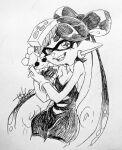  1girl :d bare_shoulders breasts callie_(splatoon) character_doll cleavage cross-shaped_pupils detached_collar doll earrings food food_on_head gloves holding holding_doll isamu-ki_(yuuki) jewelry jumpsuit long_hair marie_(splatoon) medium_breasts mole mole_under_eye monochrome object_on_head pointy_ears simple_background smile solo splatoon_(series) splatoon_1 suction_cups teeth tentacle_hair traditional_media white_background 