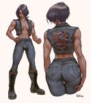  1girl abs black_hair blue_eyes bob_cut boots bulge commission debirudude denim earrings futanari hair_over_one_eye highres jeans jewelry muscular muscular_female one_eye_covered open_clothes open_vest original pants signature solo toned vest white_background wide_hips 