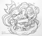  2girls ^_^ closed_eyes closed_mouth cross-shaped_pupils fingerless_gloves gloves heart hug isamu-ki_(yuuki) long_hair looking_at_another marina_(splatoon) monochrome multiple_girls octarian one_eye_closed open_mouth pearl_(splatoon) simple_background smile splatoon_(series) splatoon_2 suction_cups teeth tentacle_hair traditional_media twitter_username white_background 