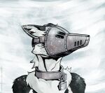  2022 anthro bdsm black_body black_fur blizzard_(weather) blue_eyes bondage bound canid canine collar ears_aside fox fur fur_markings hi_res lock looking_forward male mammal markings mask metal_collar metal_mask mitokep muzzle_(object) muzzled outside padlock scot_(lolklol1211) slave snow solo text url white_body white_fur winter 