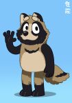  2022 4_fingers anthro biped black_body black_nose blue_background bluey_(series) brown_body canid canine fingers hi_res humanoid_hands mammal raccoon_dog raigmann simple_background solo style_parody tanuki 