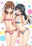  2girls bikini black_hair blue_bikini blue_eyes blush breasts brown_eyes brown_hair flower hair_flower hair_ornament halterneck isshi_pyuma long_hair looking_at_viewer medium_breasts misaka_mikoto multiple_girls navel pink_bikini saten_ruiko short_hair side-tie_bikini_bottom simple_background standing string_bikini striped striped_bikini swimsuit toaru_kagaku_no_railgun toaru_majutsu_no_index v white_background 