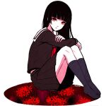  1girl arms_on_knees bangs black_hair black_serafuku black_skirt black_socks blunt_bangs crossed_arms enma_ai flower highres hime_cut japanese_clothes jigoku_shoujo long_hair long_sleeves looking_at_viewer red_eyes red_sailor_collar sailor_collar school_uniform serafuku sitting skirt socks solo spider_lily tb_(spr1110) 