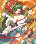  1girl breasts chest_sarashi cleavage earrings fire fire_emblem fire_emblem:_the_blazing_blade fire_emblem_heroes green_eyes green_hair jewelry large_breasts long_hair looking_at_viewer lyn_(fire_emblem) mask mask_on_head navel official_alternate_costume ponytail sarashi sorakaza thighs very_long_hair 