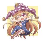  1girl american_flag_dress american_flag_legwear blonde_hair blush clownpiece dress fairy fairy_wings fang full_body hair_between_eyes hat jester_cap long_hair one_eye_closed open_mouth pantyhose pink_eyes polka_dot polka_dot_headwear purple_headwear rokugou_daisuke short_sleeves signature smile solo star_(symbol) star_print striped striped_dress striped_pantyhose touhou wings 