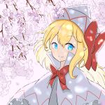  1girl blonde_hair blue_eyes bow bowtie capelet cherry_blossoms closed_mouth commentary_request dress fairy fairy_wings happy hat hat_bow lily_white looking_at_viewer murasame0603 red_bow red_bowtie short_hair smile solo touhou upper_body white_capelet white_dress wings 