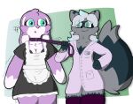  absurd_res anthro big_tail breasts cleavage clothed clothing coat domestic_ferret duo female female/female femlumi(fylumi) fylumi green_eyes hands_on_hips hi_res lab_coat lagomorph leash leash_and_collar leash_pull leashed_female legwear leporid maid_uniform mammal mustela mustelid musteline rabbit shaded simple_background simple_eyes simple_shading surprised_expression thigh_highs topwear true_musteline uniform 