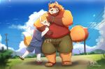  2022 anthro baw0sox blush bottomwear canid canine clothing cloud detailed_background duo embrace footwear fox hi_res hug jinbei_(clothing) kemono male mammal overweight overweight_male raccoon_dog sandals shirt shorts tanuki topwear 