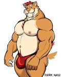  2022 absurd_res anthro artist_name barazoku belly biceps big_bulge big_muscles bulge claws clothed clothing darknaigart ear_piercing ear_ring english_text eyebrows fangs felid fur hair hi_res huge_muscles looking_at_viewer machairodontine male mammal musclegut muscular muscular_anthro muscular_male navel nipples pecs piercing ring_piercing sabertooth_(anatomy) simple_background smile solo standing teeth text thick_thighs thong topless topless_anthro topless_male tuft underwear white_background 