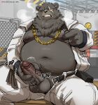  2022 absurd_res anthro belly ben_(zenless_zone_zero) big_belly black_body bottomwear clothed clothing detailed_background ggu_open hi_res kemono male mammal masturbation mihoyo moobs navel nipples open_clothing open_shirt open_topwear overweight overweight_male pants shirt sitting smoking solo topwear ursid zenless_zone_zero 