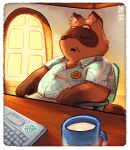  2022 absurd_res animal_crossing anthro belly bottomwear brown_body canid canine clothing computer detailed_background hi_res inside male mammal mug nintendo overweight overweight_male raccoon_dog raigmann shirt shorts sitting sleeping solo tanuki tom_nook_(animal_crossing) topwear video_games 
