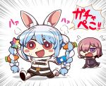  2girls animal_ears blue_hair blush_stickers braid carrot_hair_ornament chaldea_uniform chibi emphasis_lines fate/grand_order fate_(series) food-themed_hair_ornament gift_card hair_ornament highres hololive mash_kyrielight matarou_(matarou072) multiple_girls orange_eyes purple_eyes purple_hair rabbit_ears riyo_(lyomsnpmp)_(style) saint_quartz_(fate) symbol-shaped_pupils twin_braids usada_pekora virtual_youtuber 