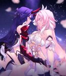  2girls arm_support armor blush breasts closed_mouth dress elysia_(herrscher_of_human:ego) elysia_(honkai_impact) eye_contact gauntlets gloves hair_ornament highres honkai_(series) honkai_impact_3rd horns long_hair looking_at_another multiple_girls pink_hair pointy_ears purple_eyes purple_hair raiden_mei raiden_mei_(herrscher_of_thunder) senouzzz single_gauntlet sitting smile thighhighs thighs very_long_hair yuri 