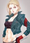  1girl abs ahoge antenna_hair blonde_hair blue_eyes breasts cammy_white highres jacker looking_at_viewer navel oyatsuredgray scar short_hair simple_background small_breasts solo street_fighter street_fighter_6 