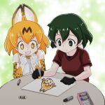  2girls animal_ears bare_shoulders black_gloves black_hair blonde_hair bow bowtie cat_ears cat_girl cat_tail crayon drawing elbow_gloves gloves green_eyes kaban_(kemono_friends) kemono_friends msl2go multiple_girls paper print_bow print_bowtie print_gloves red_shirt serval_(kemono_friends) serval_print shirt short_hair short_sleeves sleeveless sparkling_eyes t-shirt tail white_gloves white_shirt yellow_eyes 