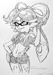  1girl callie_(splatoon) choker closed_mouth crop_top cross-shaped_pupils earrings food food_on_head gloves hand_on_hip hand_up highleg highleg_panties isamu-ki_(yuuki) jewelry long_hair mole mole_under_eye monochrome navel object_on_head panties pantyhose_under_shorts pointy_ears puffy_short_sleeves puffy_sleeves short_shorts short_sleeves shorts simple_background smile solo spiked_choker spiked_shorts spikes splatoon_(series) splatoon_2 stomach_tattoo suction_cups tattoo tentacle_hair tongue tongue_out traditional_media twitter_username underwear white_background 