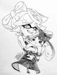  1girl bare_shoulders breasts callie_(splatoon) character_doll cleavage cowboy_shot cross-shaped_pupils detached_collar doll dress earrings fangs gloves grin holding holding_doll isamu-ki_(yuuki) jewelry marie_(splatoon) mole mole_under_eye monochrome pointy_ears short_hair simple_background smile solo splatoon_(series) splatoon_1 strapless strapless_dress tentacle_hair traditional_media white_background 