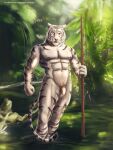  2018 3:4 abs anthro balls creek felid fist flaccid foreskin fur genitals hi_res holding_object holding_spear holding_weapon humanoid_genitalia jungle looking_at_viewer male mammal melee_weapon muscular navel nipples nude open_mouth outside pantherine partially_submerged pecs penis polearm pubes river satanic_monkey solo spear text tiger tribal url weapon white_body white_fur 