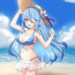  1girl ahoge beach bikini blue_hair blue_sky breasts cleavage cloud cowboy_shot felutiahime front-tie_bikini_top front-tie_top hat heart heart_ahoge highleg highleg_bikini highres hololive large_breasts long_hair miniskirt navel ocean one_eye_closed pointy_ears see-through see-through_skirt skirt sky solo sun_hat swimsuit very_long_hair virtual_youtuber yellow_eyes yukihana_lamy 