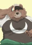  2022 anthro belly big_belly black_nose brown_body clothing eyes_closed goro_(live-a-hero) hi_res humanoid_hands kemono kuromaih lifewonders live-a-hero male mammal overweight overweight_male shirt simple_background solo topwear ursid video_games 