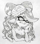  1girl alternate_hairstyle bare_shoulders breasts callie_(splatoon) cleavage closed_mouth cross-shaped_pupils detached_collar earrings food food_on_head hand_on_own_face hand_up isamu-ki_(yuuki) jewelry long_hair medium_breasts monochrome object_on_head pointy_ears simple_background solo splatoon_(series) tentacle_hair traditional_media uneven_eyes upper_body white_background 