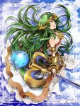  1girl armlet bangs bare_shoulders blue_sky bracelet bracer circlet cloud dress gold green_eyes green_hair holding holding_staff isamu-ki_(yuuki) jewelry kid_icarus long_hair neck_ring necklace open_mouth over-kneehighs palutena parted_bangs photo_background sky smile solo staff strapless strapless_dress teeth thighhighs very_long_hair white_dress white_thighhighs 