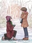  2girls black_hair blush brown_hair commentary_request covering_mouth glasses hand_over_own_mouth heart highres m_k multiple_girls one_knee open_mouth original outdoors proposal winter winter_clothes yuri 