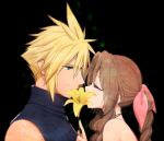  1boy 1girl aerith_gainsborough bangs black_background blonde_hair blue_eyes blue_shirt braid braided_ponytail brown_hair choker closed_eyes cloud_strife couple final_fantasy final_fantasy_vii final_fantasy_vii_remake flower hair_between_eyes hair_ribbon hetero holding holding_flower imminent_kiss krudears long_hair looking_at_another parted_bangs pink_ribbon ribbon shirt short_hair sidelocks sleeveless sleeveless_turtleneck spiked_hair turtleneck upper_body wavy_hair yellow_flower 