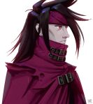  1boy artist_name black_hair cheekbones cloak colored_skin final_fantasy final_fantasy_vii final_fantasy_vii_remake grey_skin headband high_collar highres leandro_franci long_hair looking_to_the_side male_focus messy_hair portrait red_cloak red_eyes red_headband solo torn_cloak torn_clothes upper_body vincent_valentine white_background 