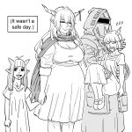  1boy 3girls absurdres arknights bb_(baalbuddy) doctor_(arknights) english_text greyscale helmet highres hooded_coat horns monochrome multiple_girls pointy_ears pregnant shining_(arknights) simple_background sleeping white_background 