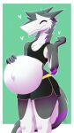  &lt;3 2022 absurd_res anthro belly big_belly blush bottomwear clothed clothing digital_drawing_(artwork) digital_media_(artwork) epileptic_goat fur grey_body hair happy hi_res male markings pregnant pregnant_male purple_markings sergal shorts signature simple_background smile solo sportswear standing tall_image topwear unknown_character watermark white_body 