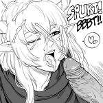  1boy 1girl absurdres arknights bb_(baalbuddy) cum doctor_(arknights) ejaculation english_text fellatio greyscale highres horns monochrome oral penis pointy_ears shining_(arknights) simple_background speech_bubble white_background 